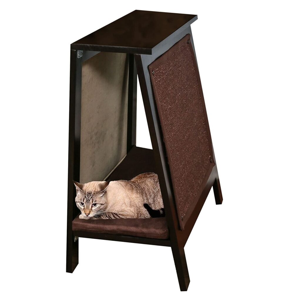 The Refined Feline Wooden Cat Furniture Bed Scratching Post, End Table with Durable Sisal Board Scratcher Pad for Kitty