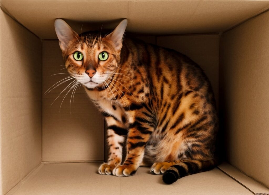 Bengal cat hiding inside a box