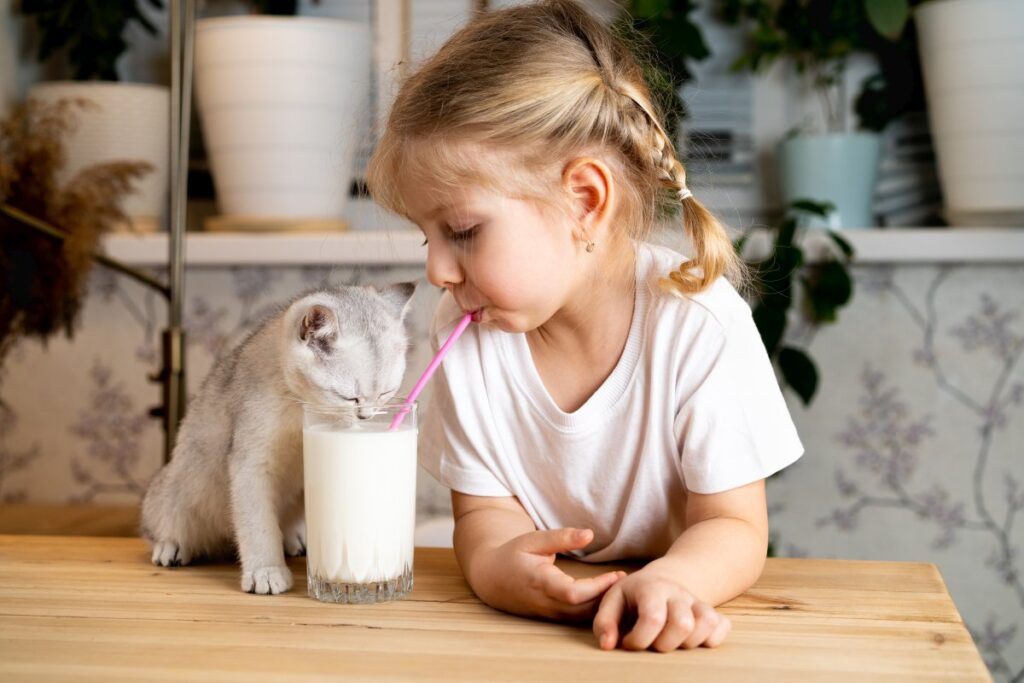 A little girl is drinking milk with her lovely cat