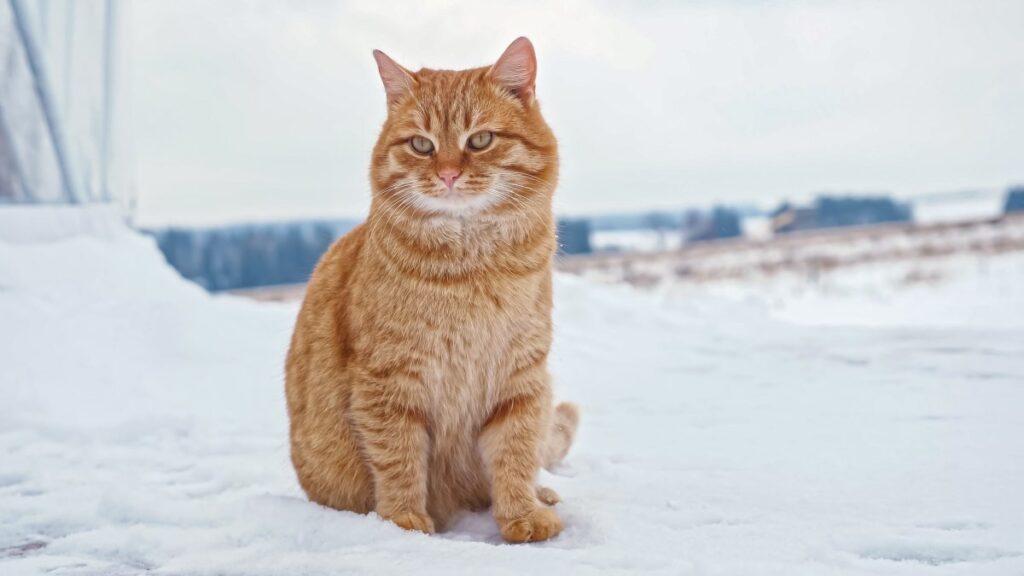 Fluffy cat sitting on snow