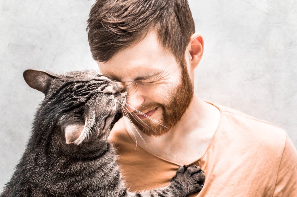 Cat licking a man's face