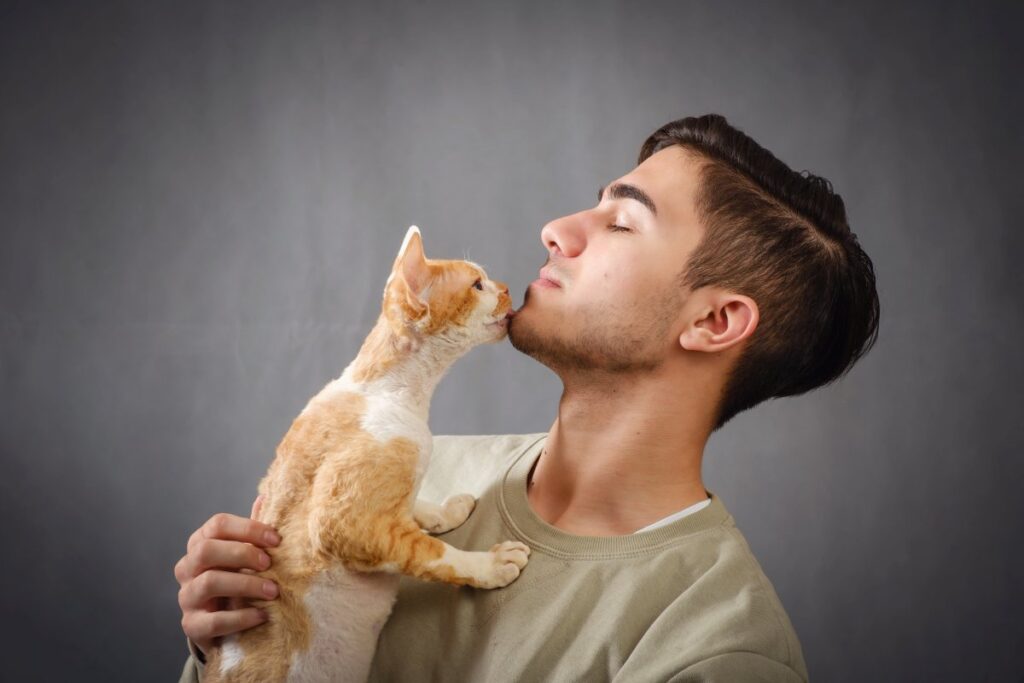A man is holding and kissing his Devon Rex cat