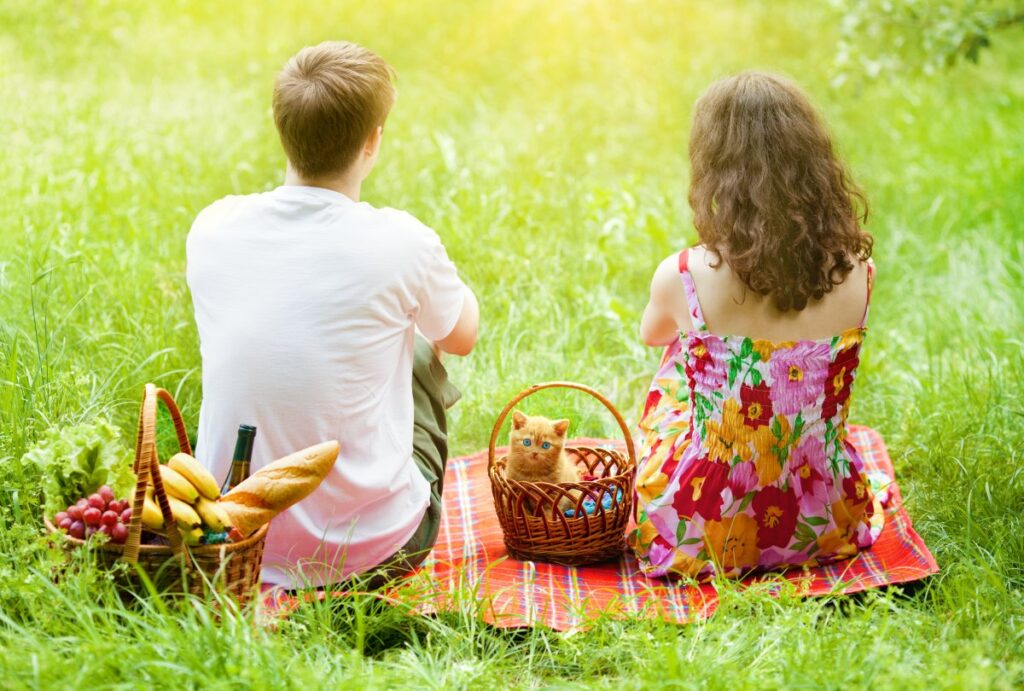 A young couple is having a picnic outdoor with their kitten