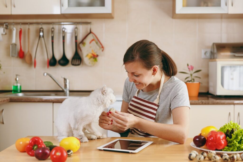 A young woman is in the kitchen with her white Persian cat